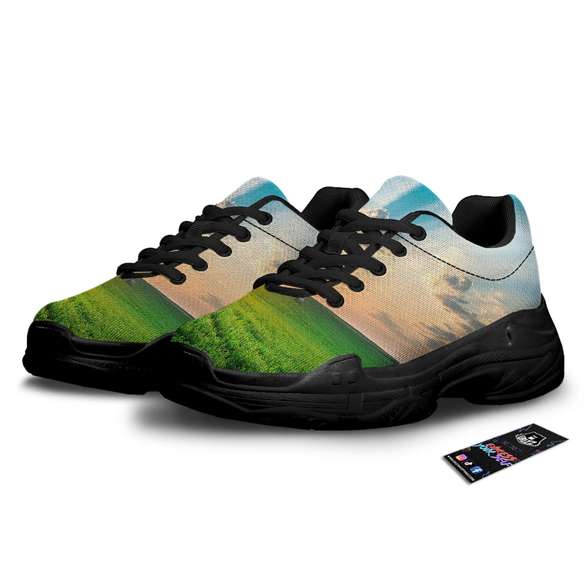 Meadow Sunrise Print Black Chunky Shoes-grizzshop