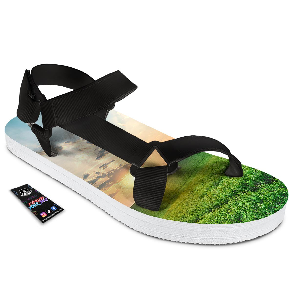 Meadow Sunrise Print Black Open Toe Sandals-grizzshop