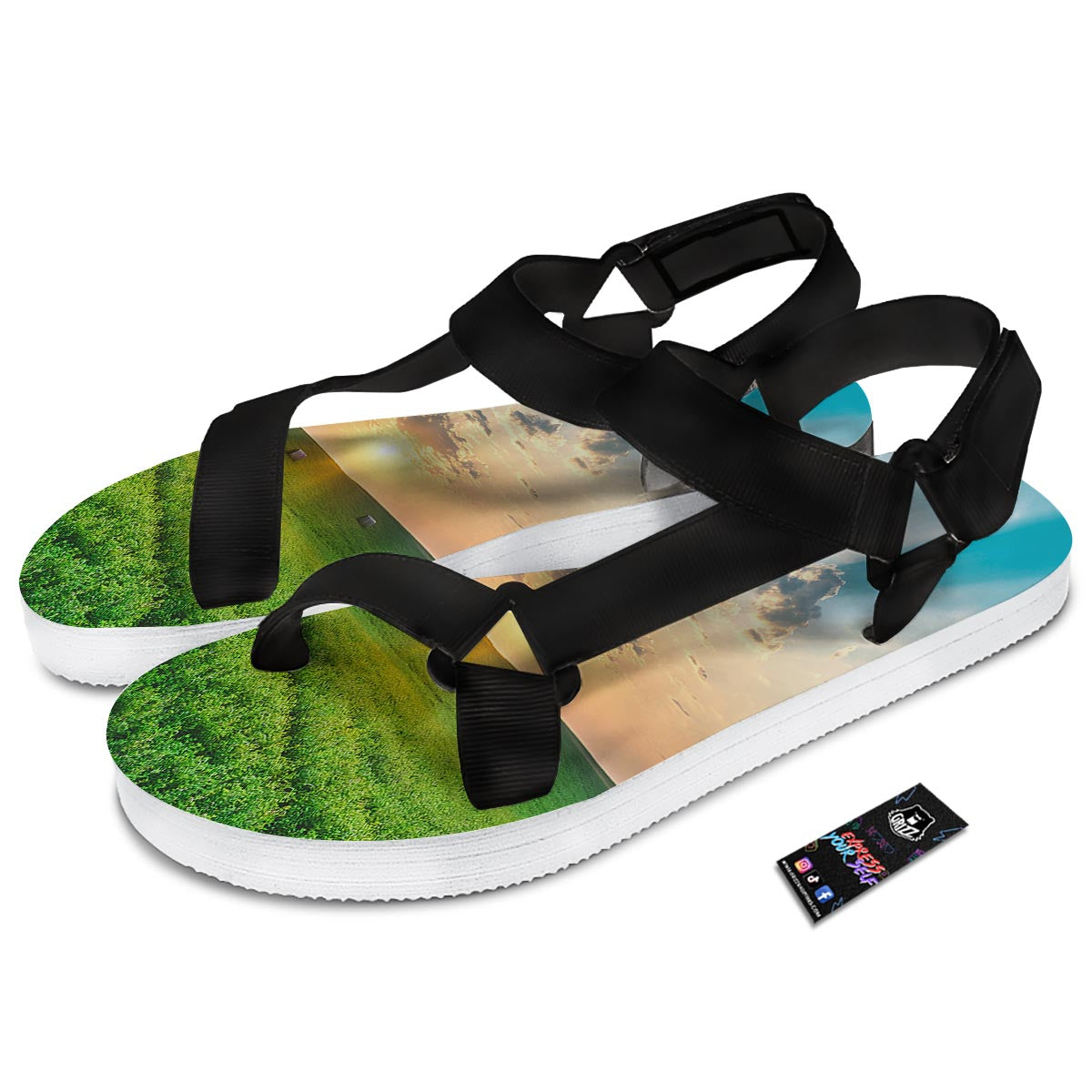 Meadow Sunrise Print Black Open Toe Sandals-grizzshop