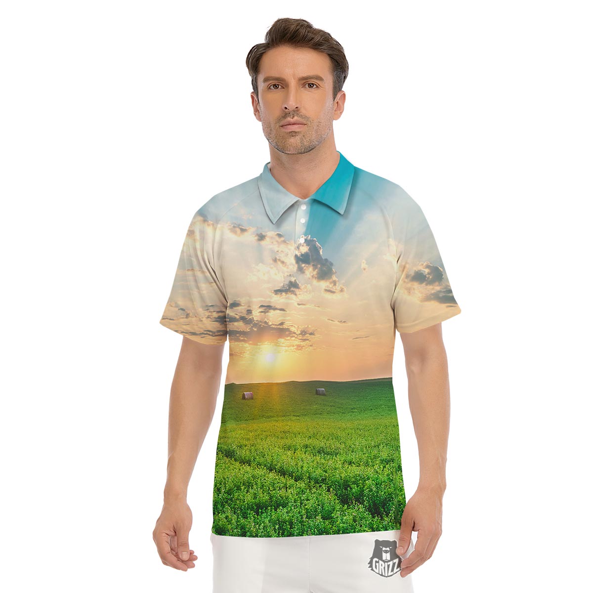 Meadow Sunrise Print Men's Golf Shirts-grizzshop