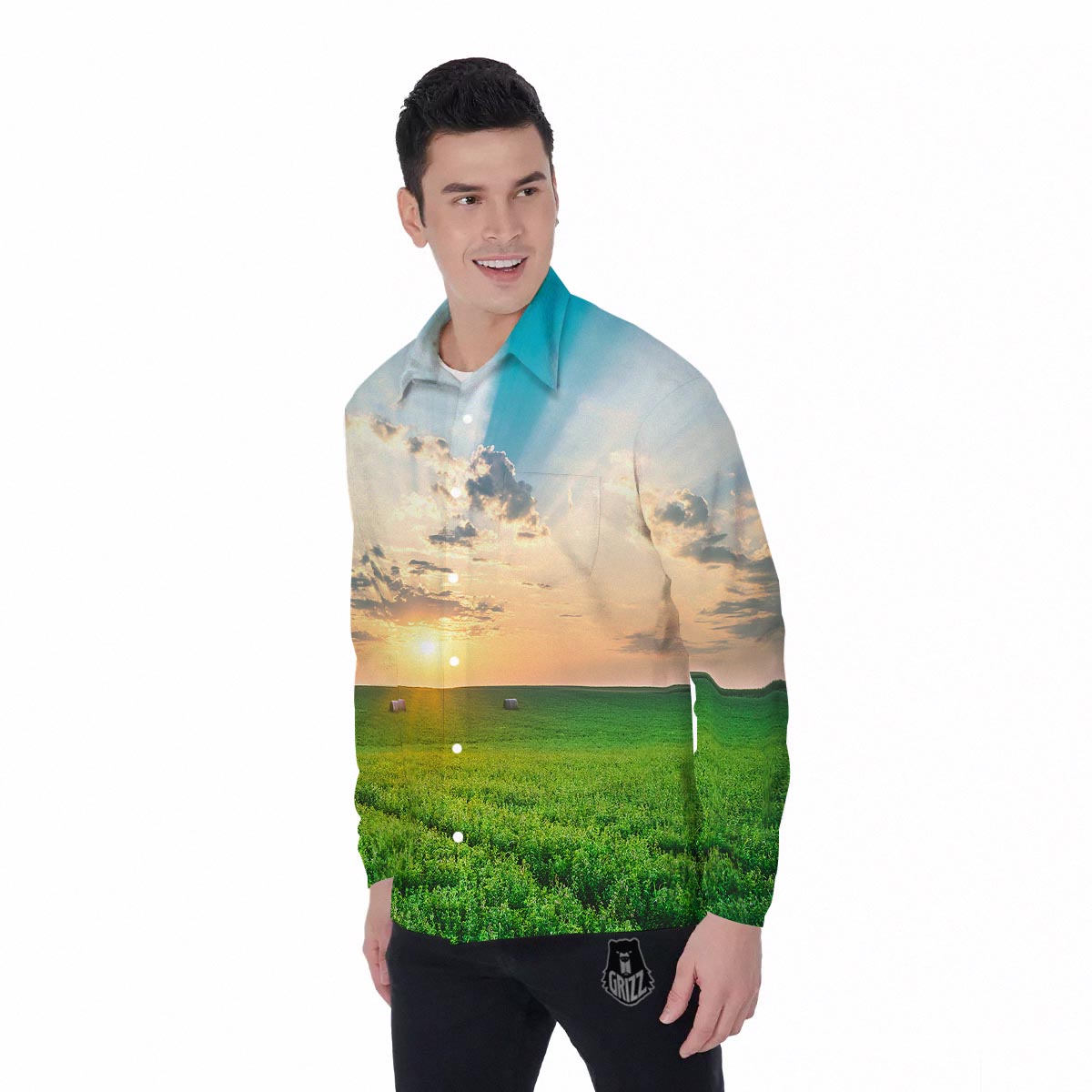 Meadow Sunrise Print Men's Long Sleeve Shirts-grizzshop