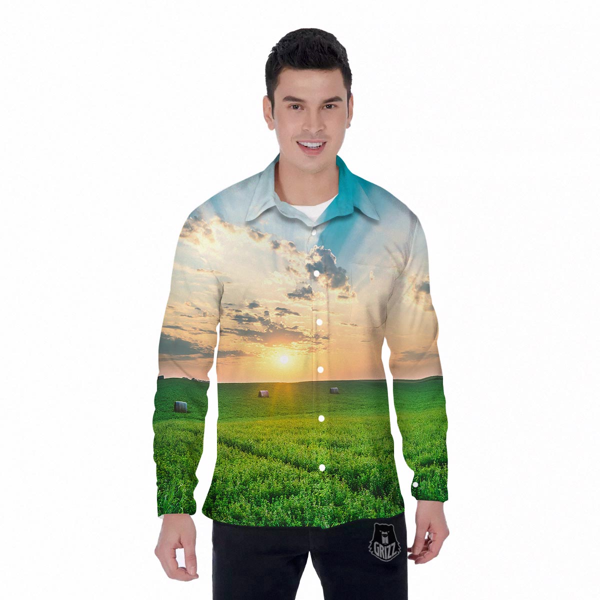 Meadow Sunrise Print Men's Long Sleeve Shirts-grizzshop