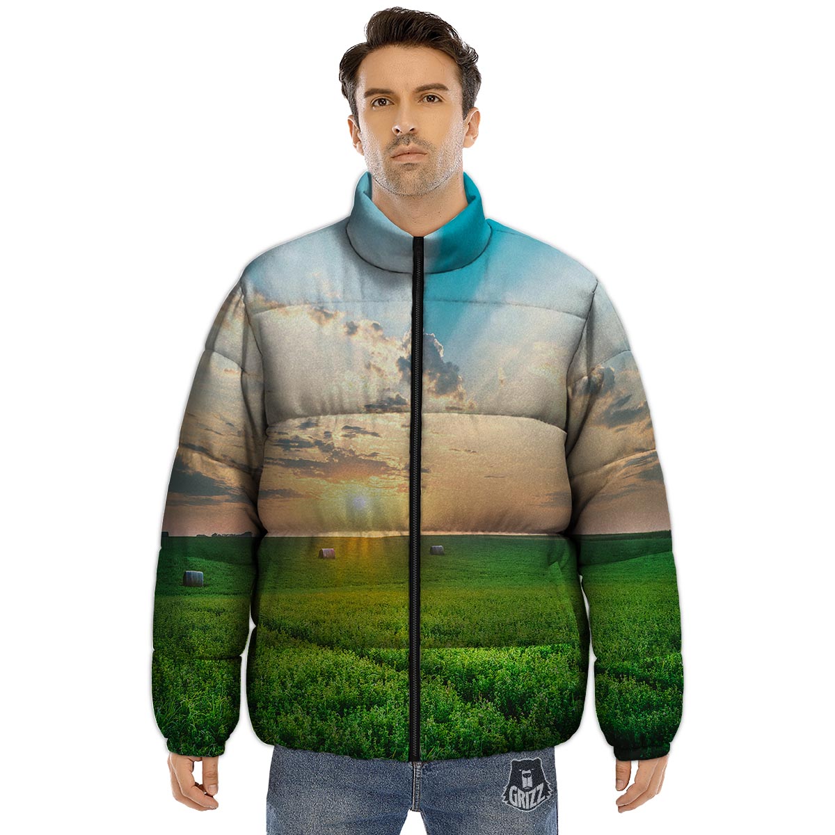 Meadow Sunrise Print Puffer Jacket-grizzshop