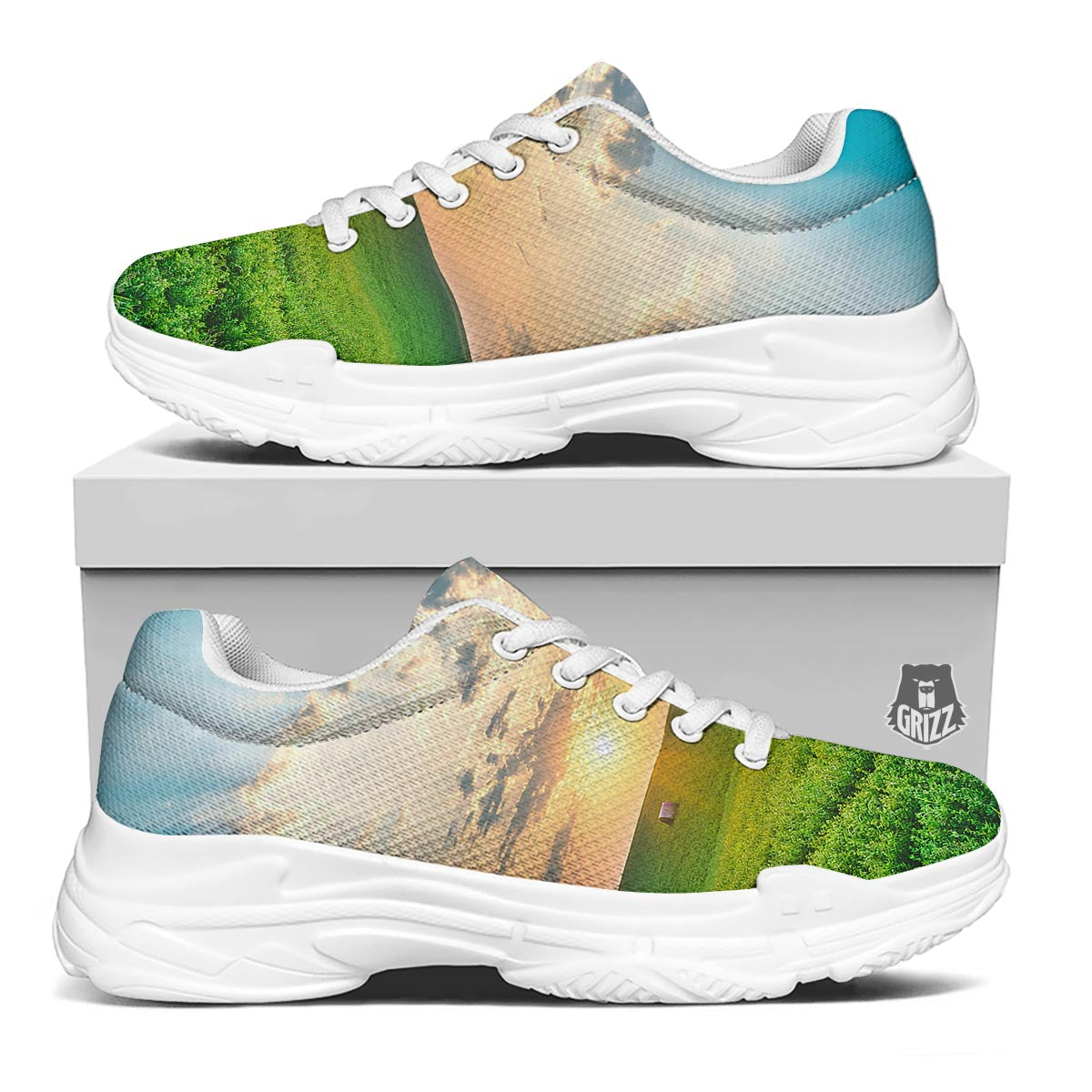 Meadow Sunrise Print White Chunky Shoes-grizzshop