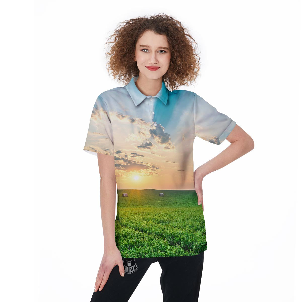 Meadow Sunrise Print Women's Golf Shirts-grizzshop