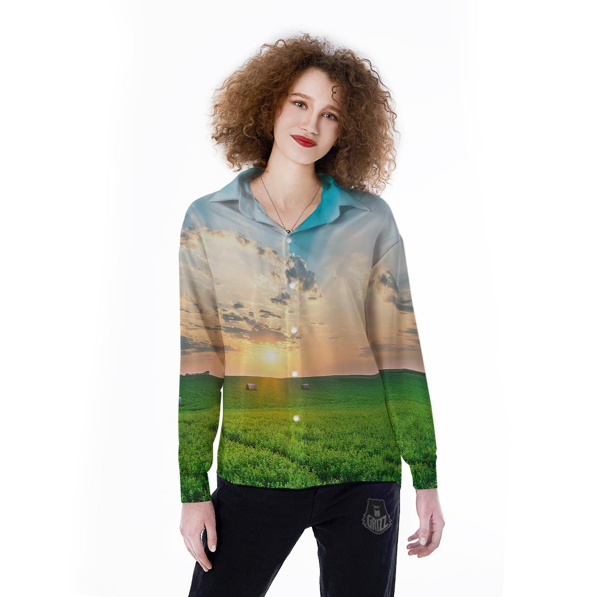 Meadow Sunrise Print Women's Long Sleeve Shirts-grizzshop