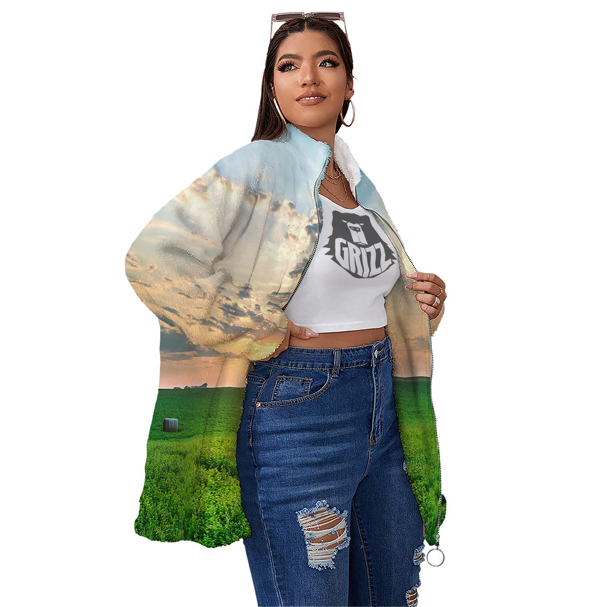 Meadow Sunrise Print Women's Sherpa Jacket-grizzshop