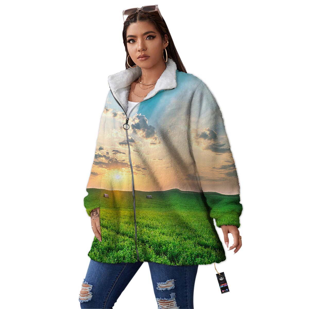 Meadow Sunrise Print Women's Sherpa Jacket-grizzshop