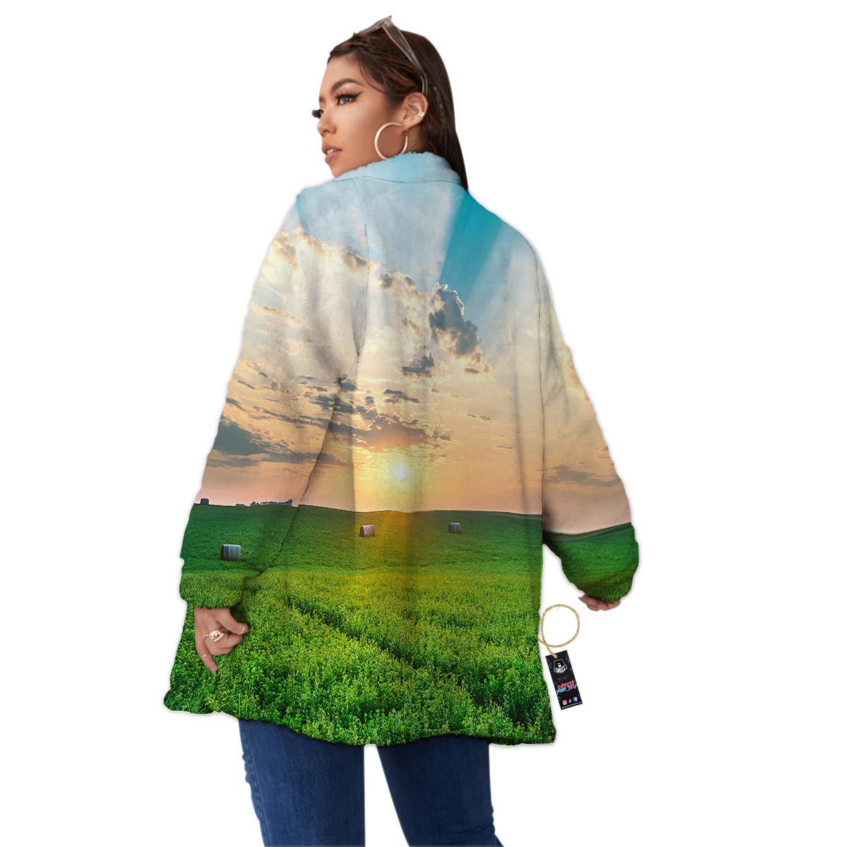 Meadow Sunrise Print Women's Sherpa Jacket-grizzshop