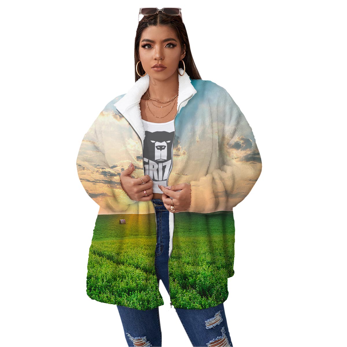 Meadow Sunrise Print Women's Sherpa Jacket-grizzshop