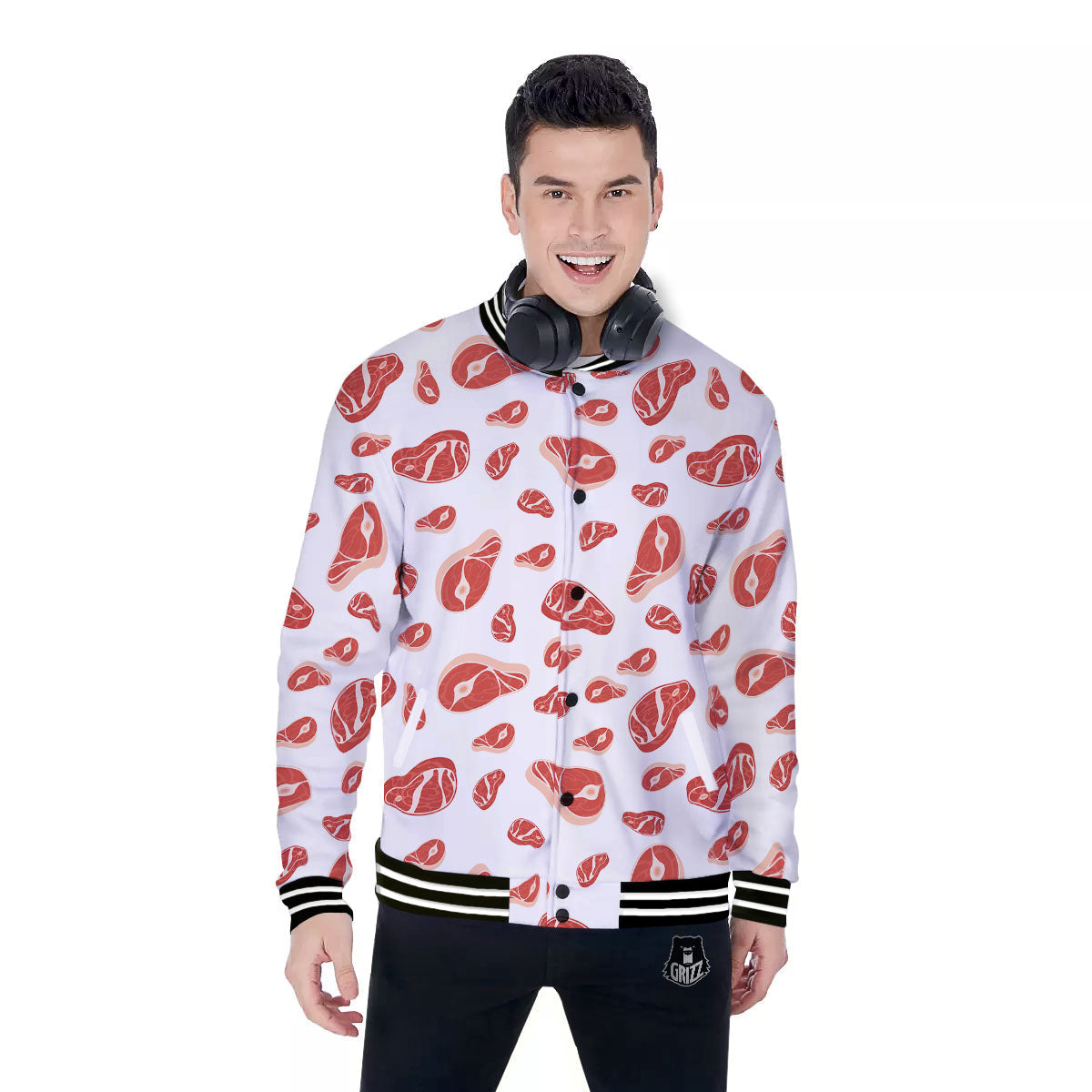 Meat Print Pattern Baseball Jacket-grizzshop