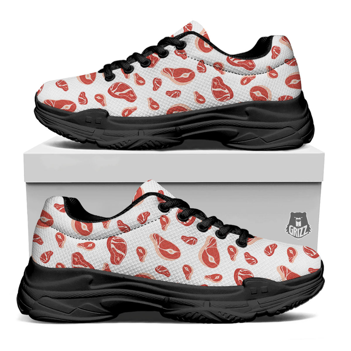 Meat Print Pattern Black Chunky Shoes-grizzshop