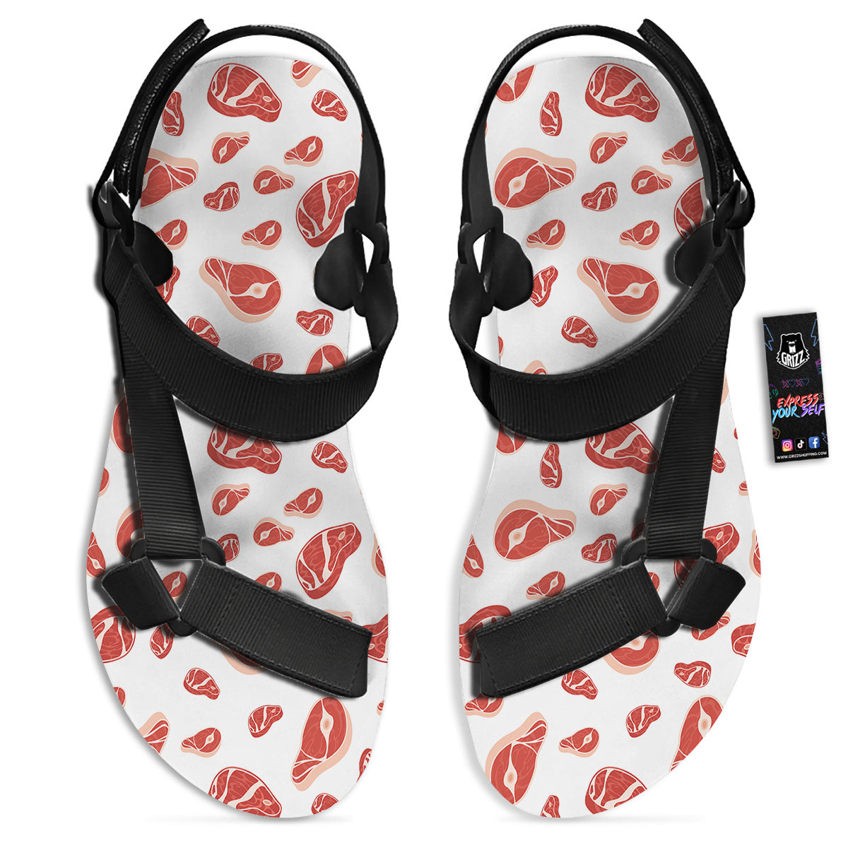 Meat Print Pattern Black Open Toe Sandals-grizzshop