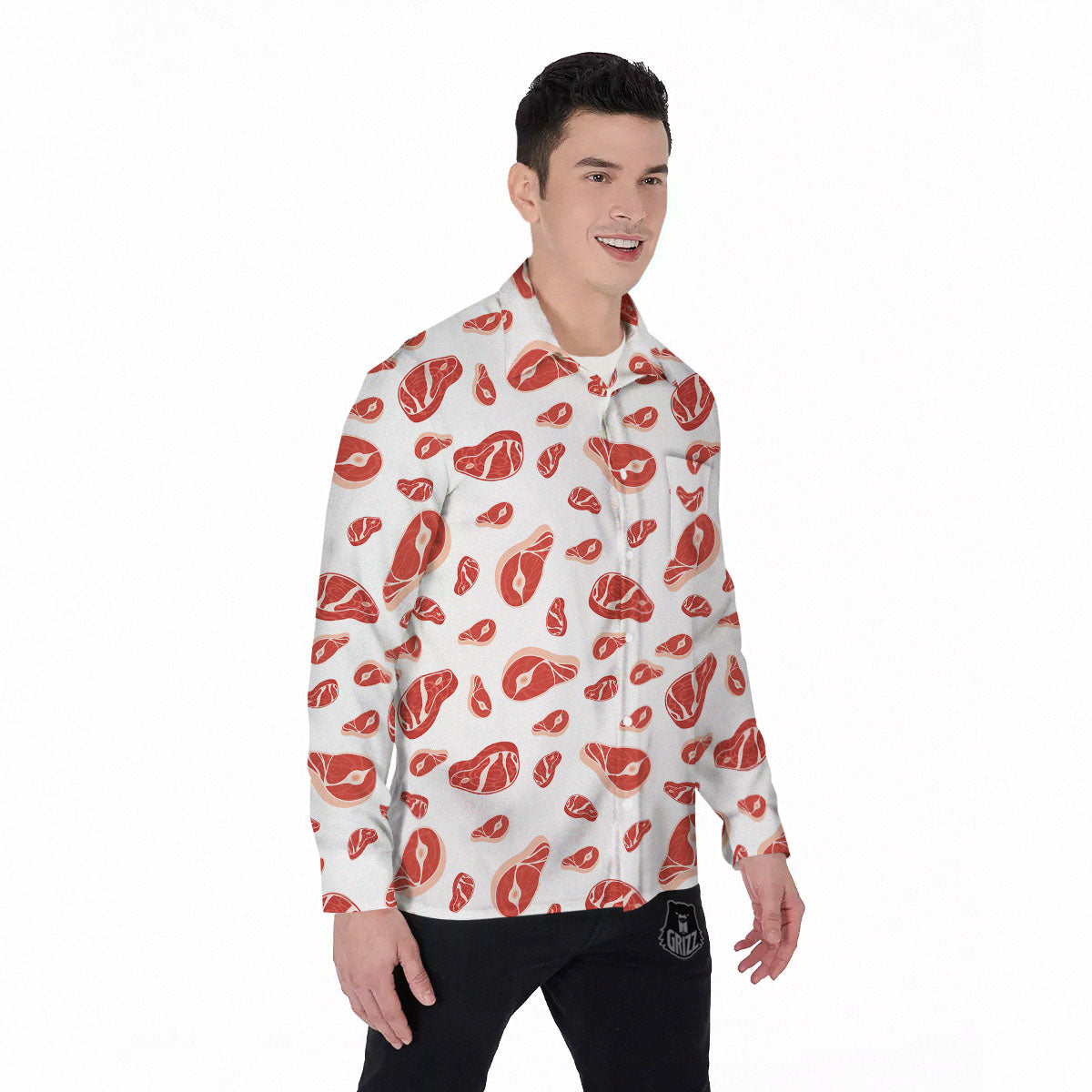 Meat Print Pattern Men's Long Sleeve Shirts-grizzshop