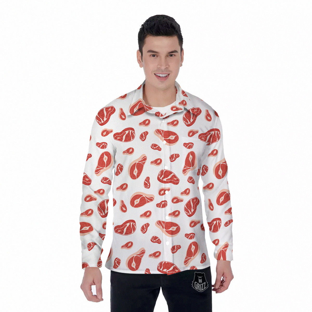 Meat Print Pattern Men's Long Sleeve Shirts-grizzshop