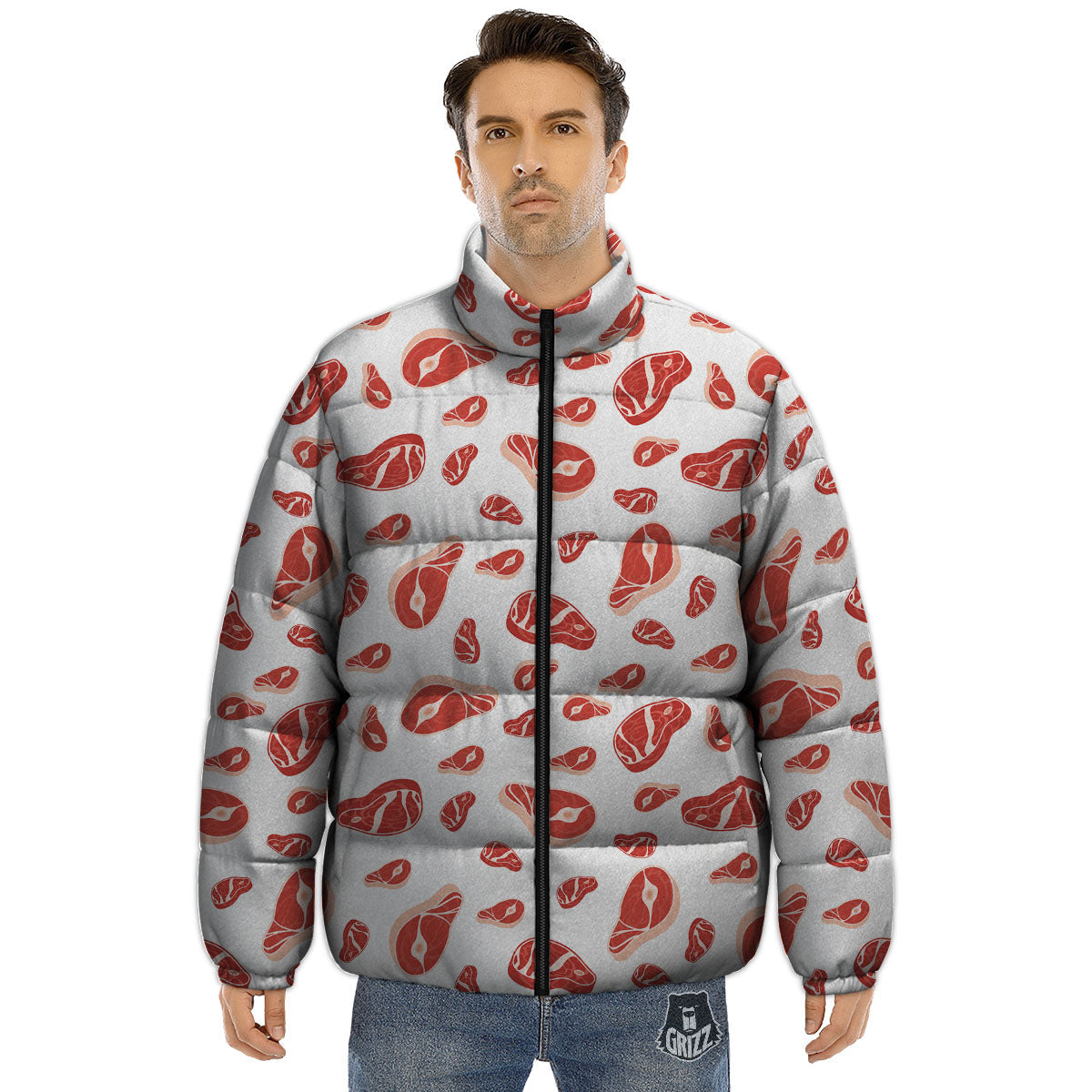 Meat Print Pattern Puffer Jacket-grizzshop