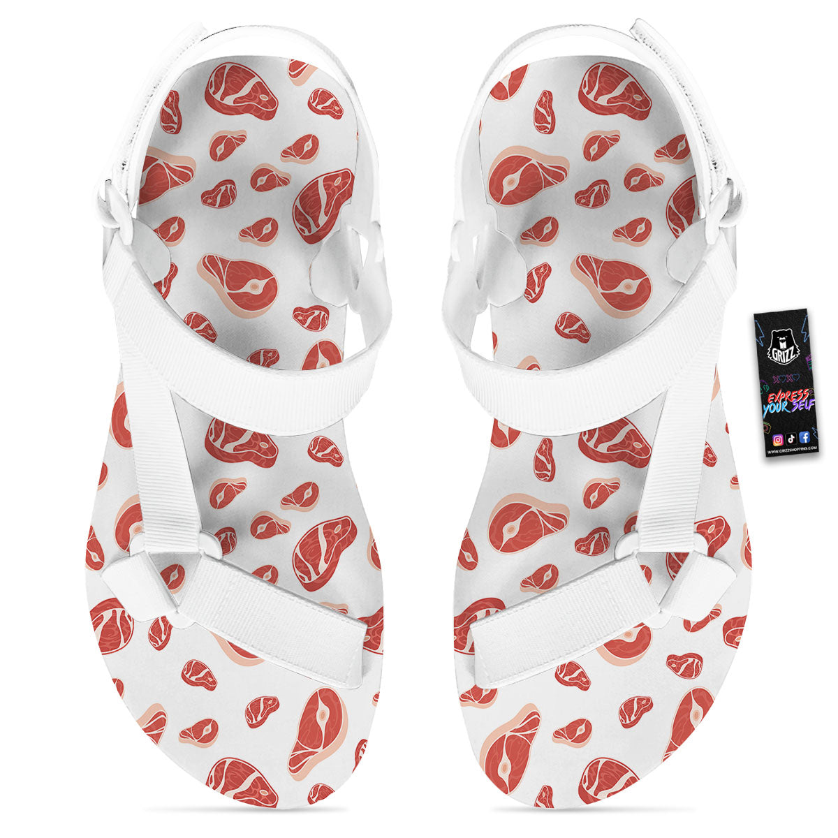 Meat Print Pattern White Open Toe Sandals-grizzshop