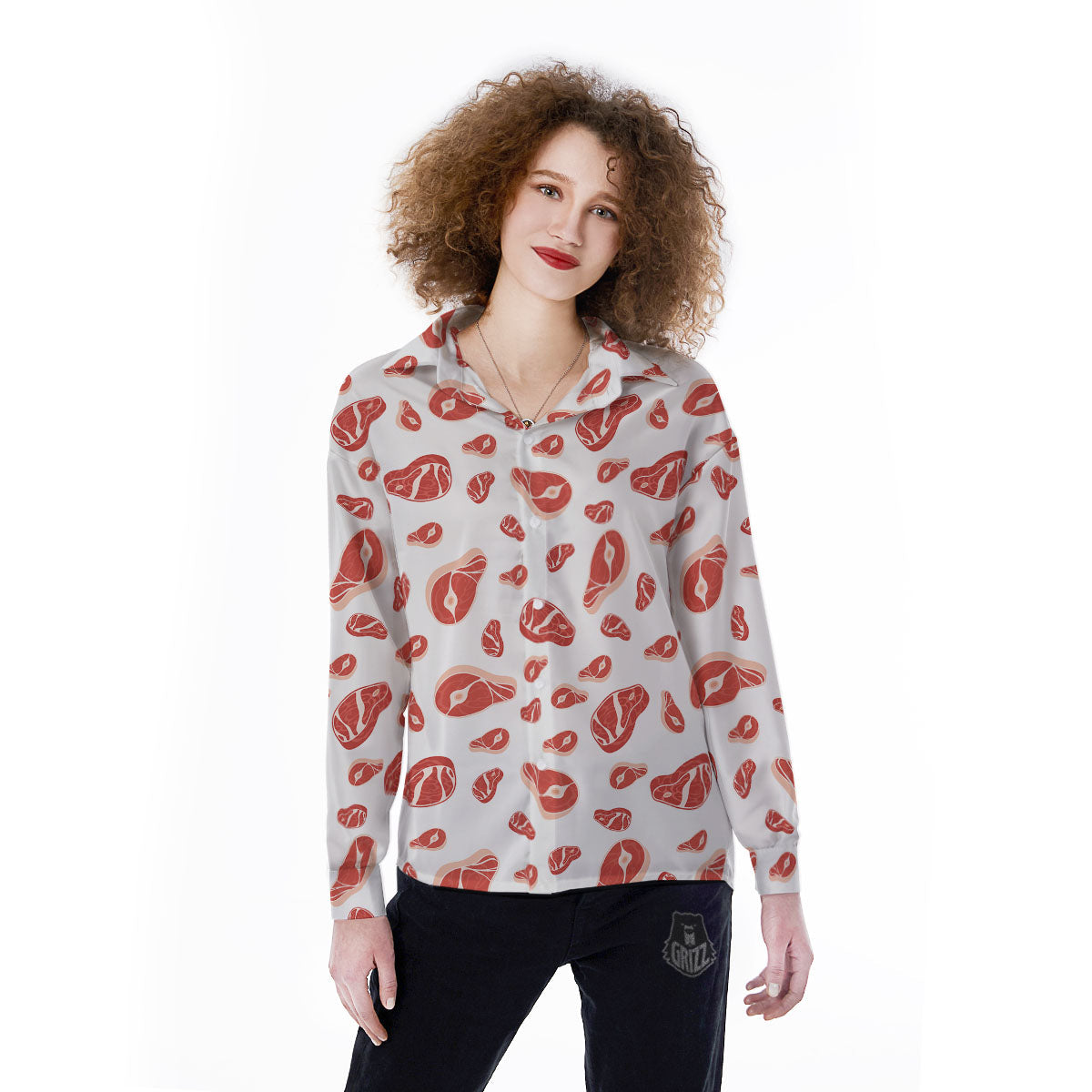 Meat Print Pattern Women's Long Sleeve Shirts-grizzshop