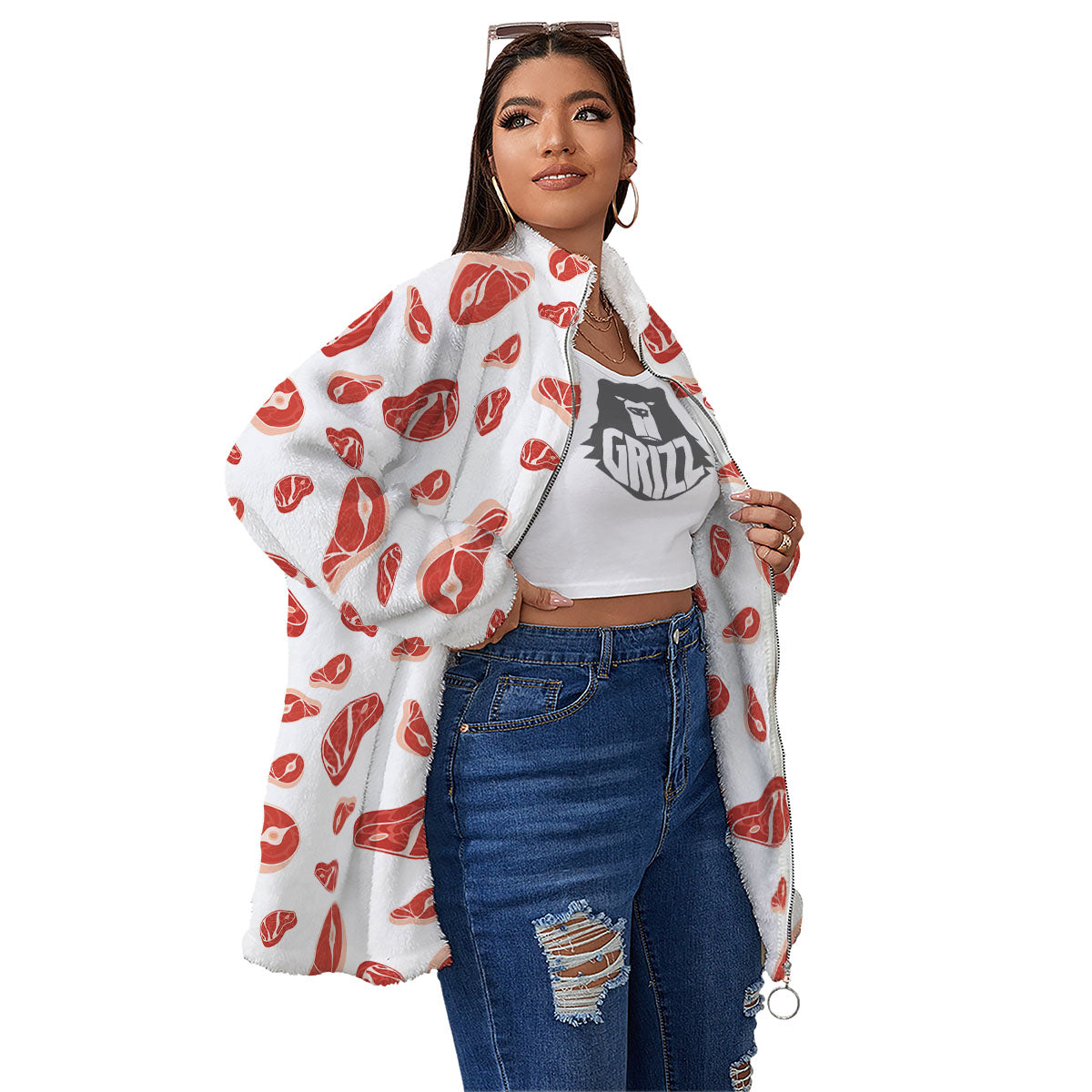 Meat Print Pattern Women's Sherpa Jacket-grizzshop