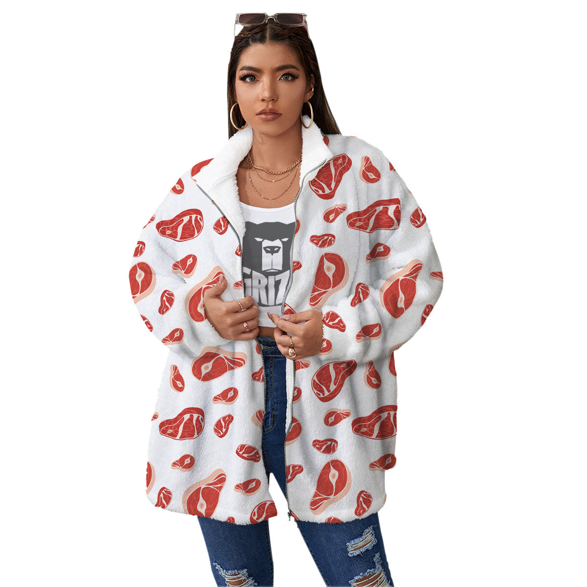 Meat Print Pattern Women's Sherpa Jacket-grizzshop