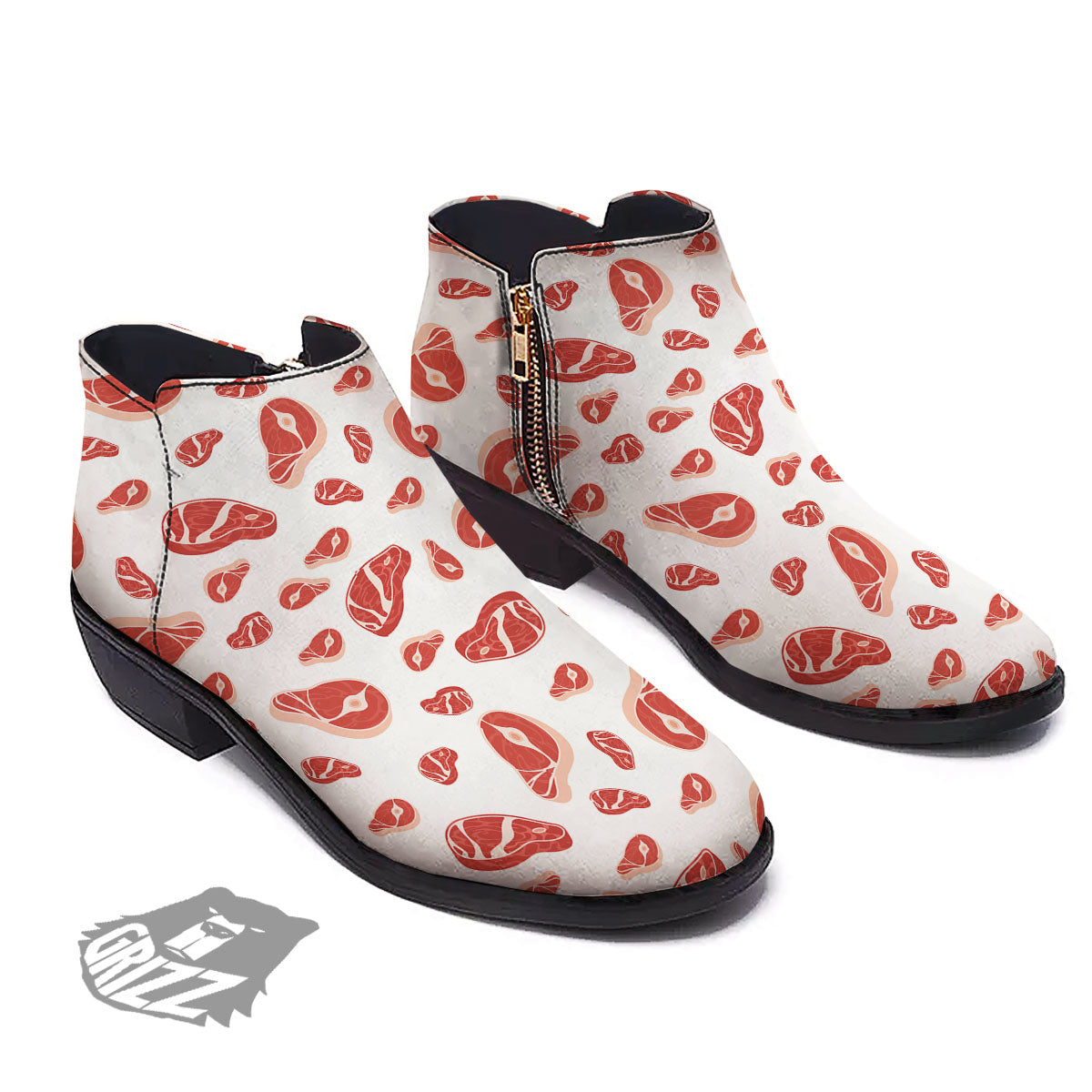 Meat Red Print Pattern Ankle Boots-grizzshop