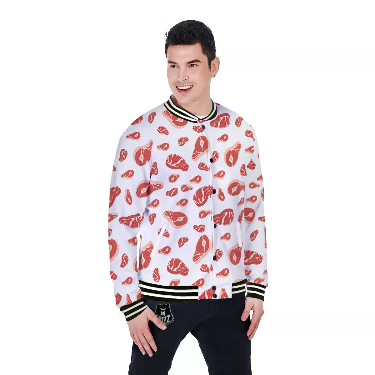 Meat Red Print Pattern Baseball Jacket-grizzshop