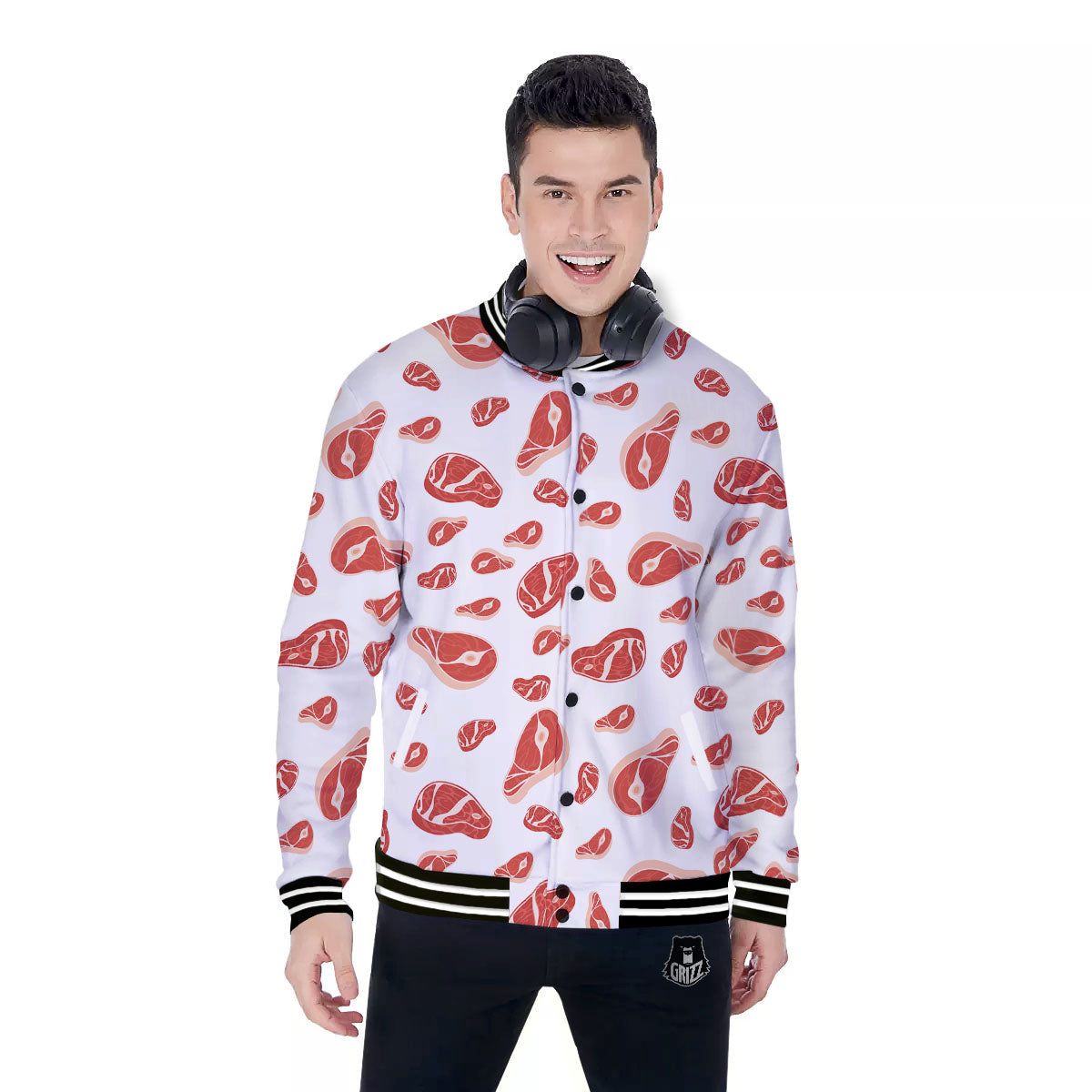 Meat Red Print Pattern Baseball Jacket-grizzshop