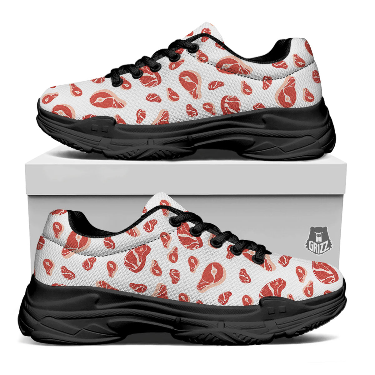 Meat Red Print Pattern Black Chunky Shoes-grizzshop