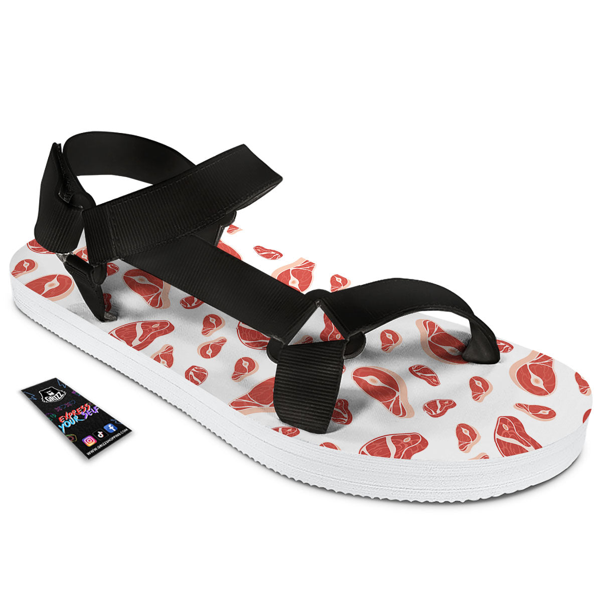 Meat Red Print Pattern Black Open Toe Sandals-grizzshop