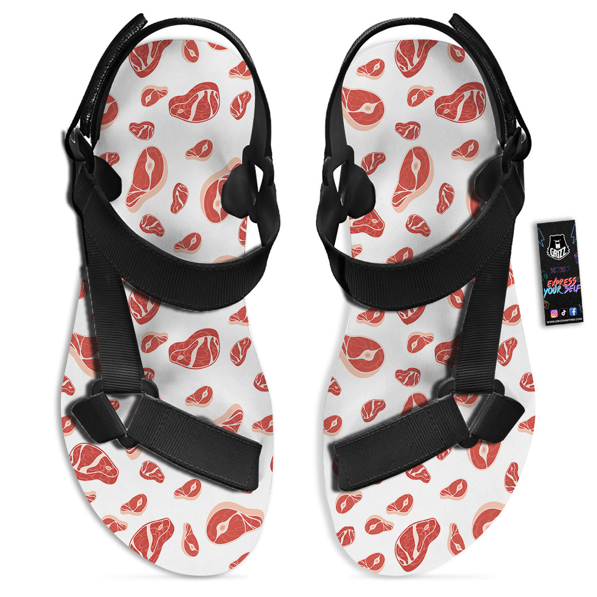 Meat Red Print Pattern Black Open Toe Sandals-grizzshop