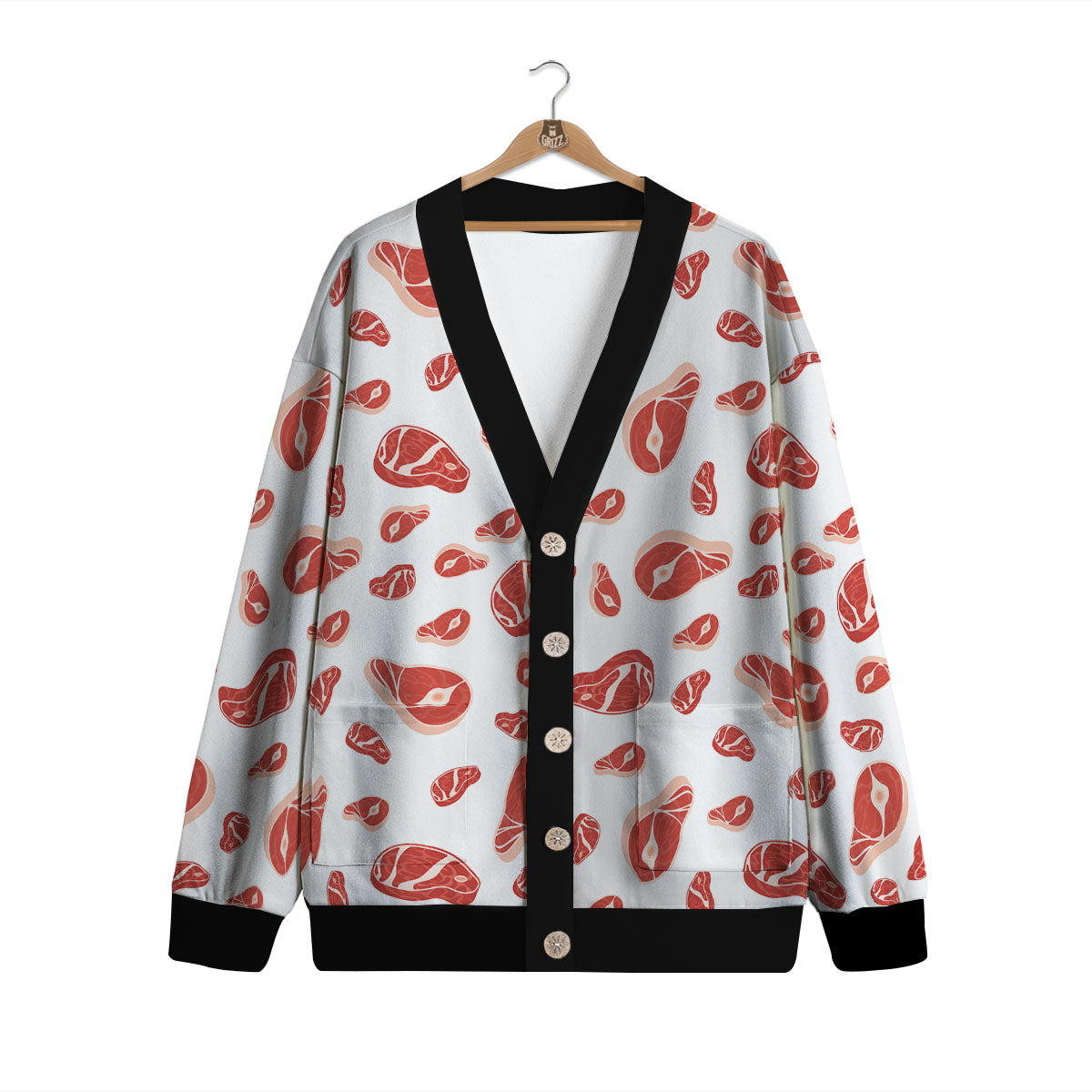 Meat Red Print Pattern Cardigan-grizzshop