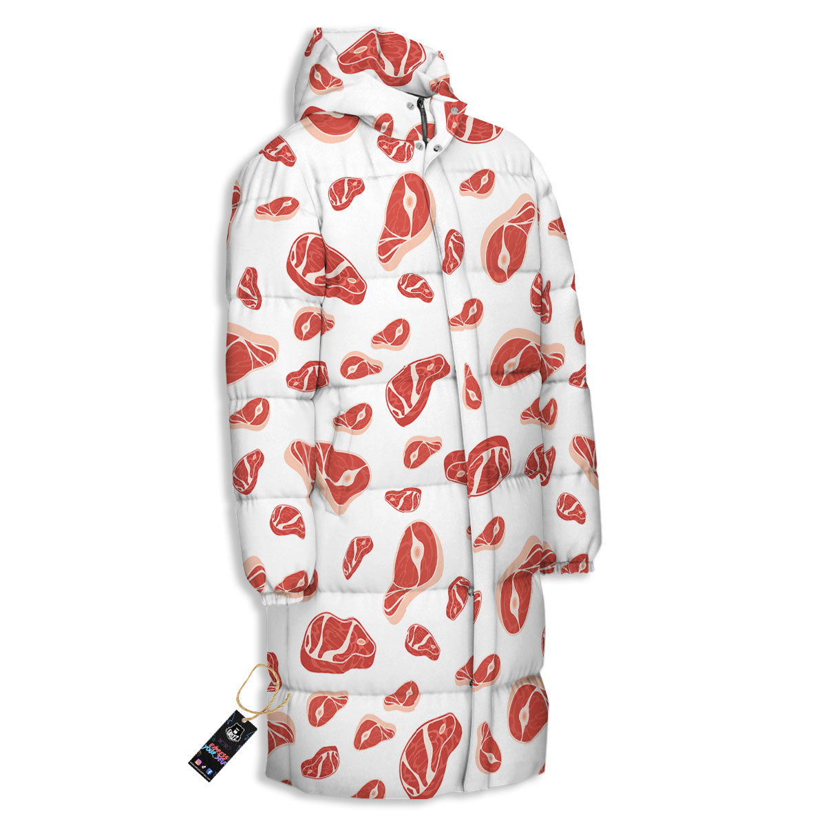Meat Red Print Pattern Long Down Jacket-grizzshop