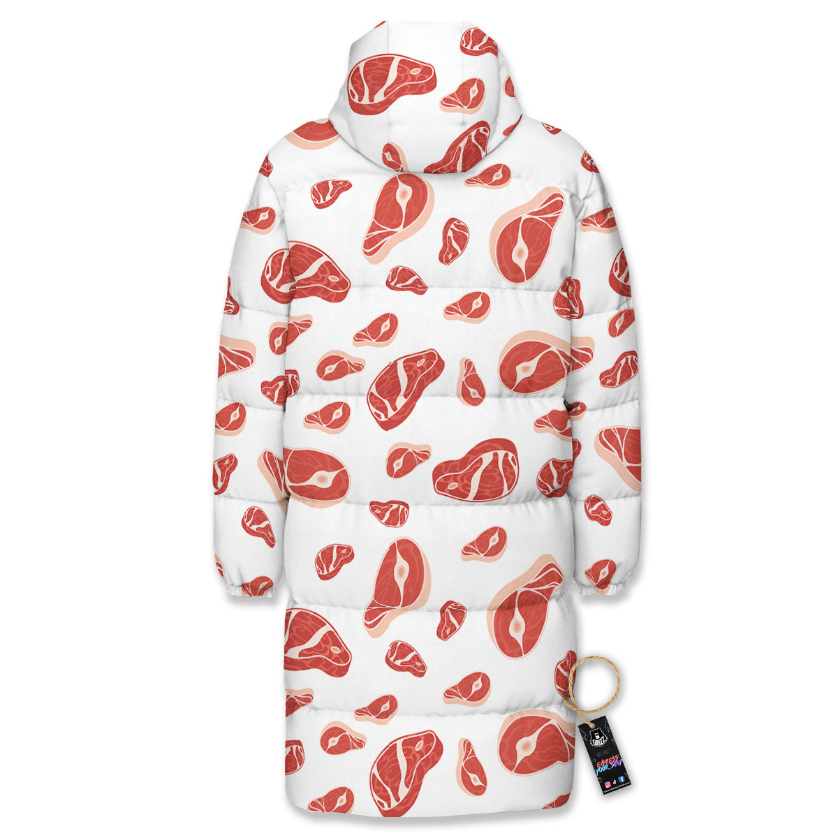 Meat Red Print Pattern Long Down Jacket-grizzshop