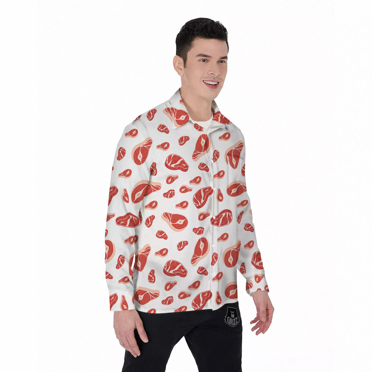 Meat Red Print Pattern Men's Long Sleeve Shirts-grizzshop