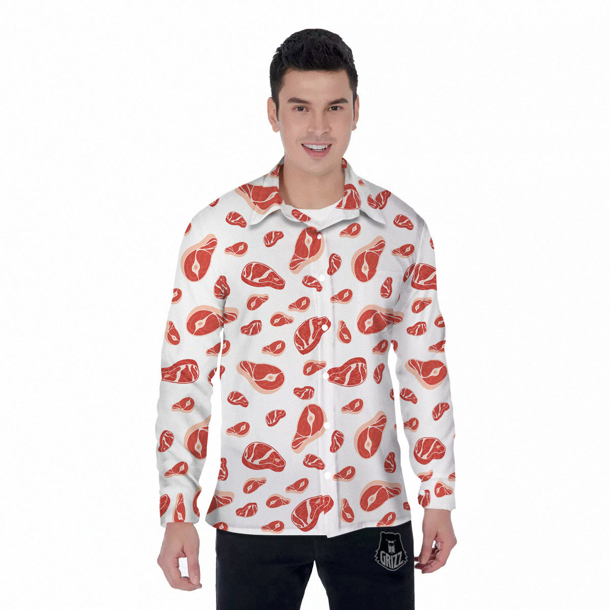 Meat Red Print Pattern Men's Long Sleeve Shirts-grizzshop