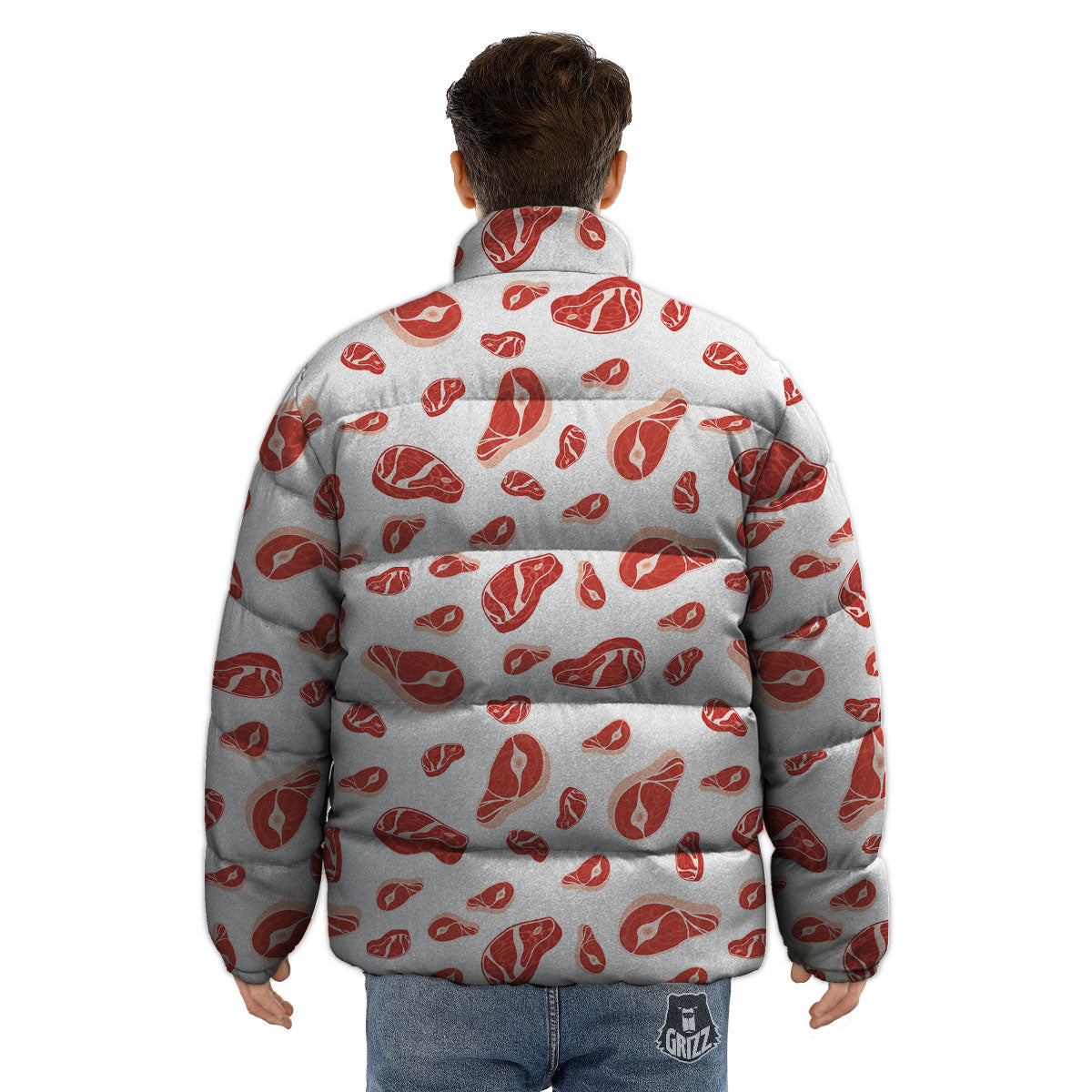 Meat Red Print Pattern Puffer Jacket-grizzshop