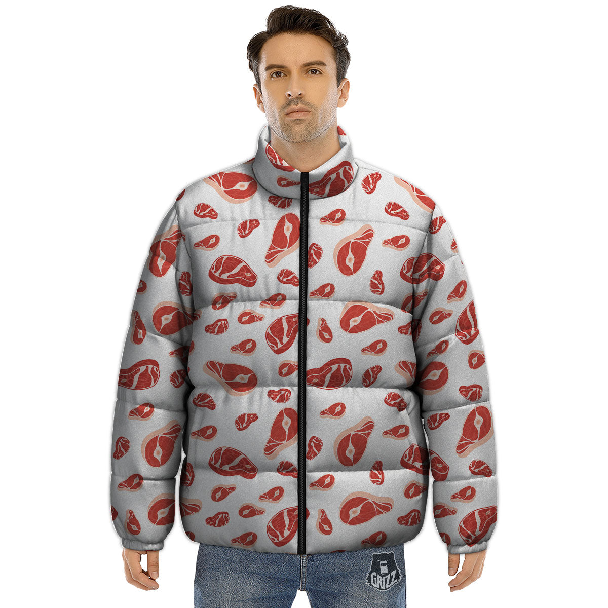Meat Red Print Pattern Puffer Jacket-grizzshop
