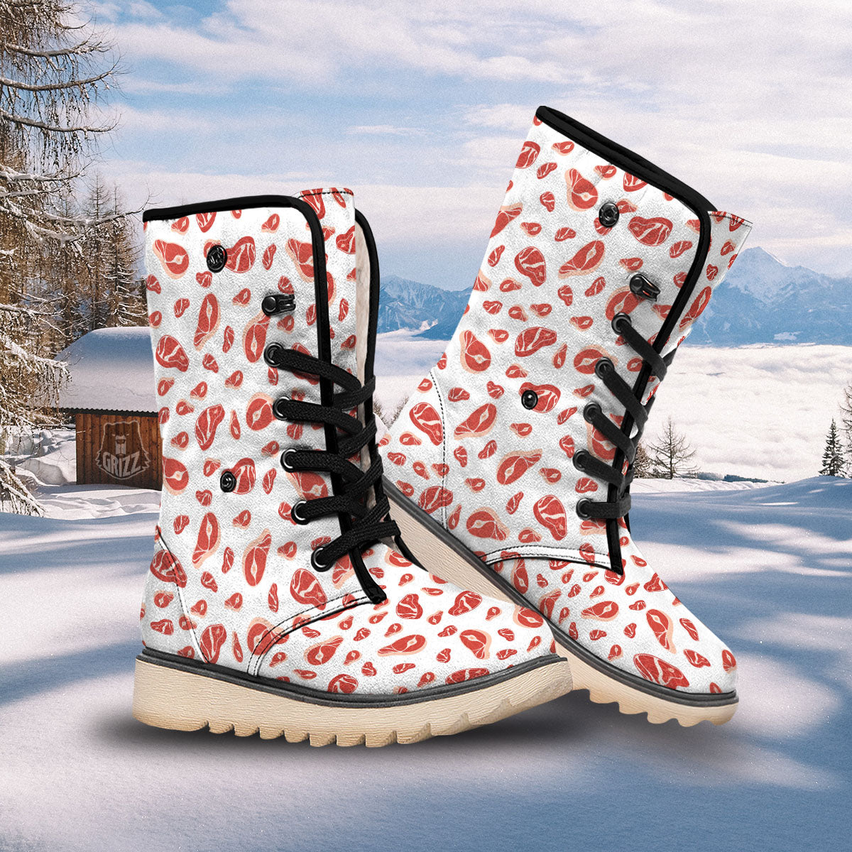 Meat Red Print Pattern Snow Boots-grizzshop