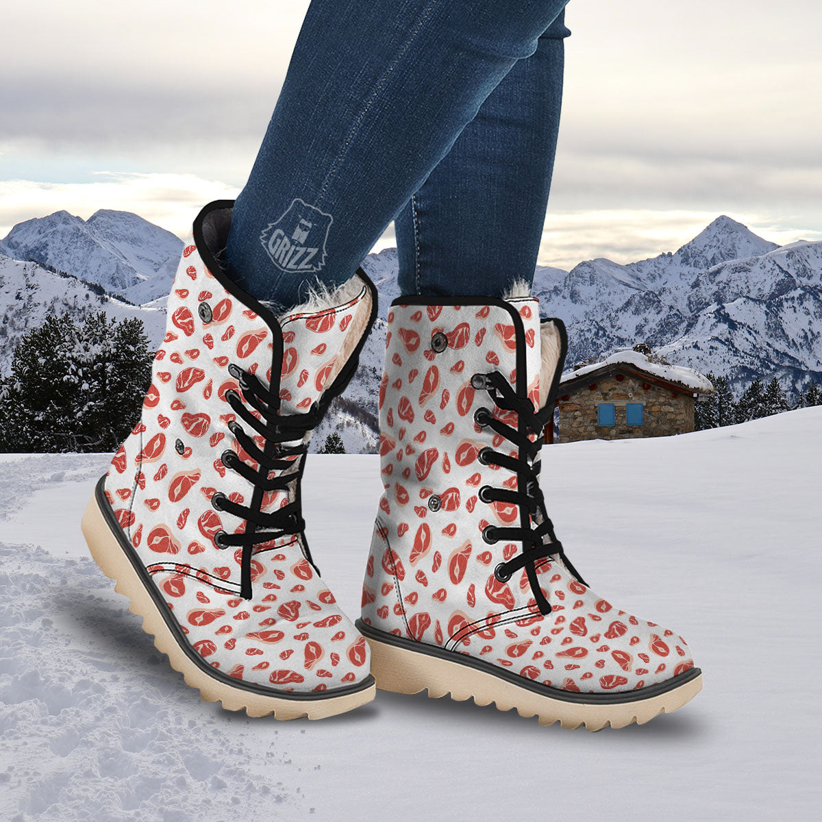 Meat Red Print Pattern Snow Boots-grizzshop
