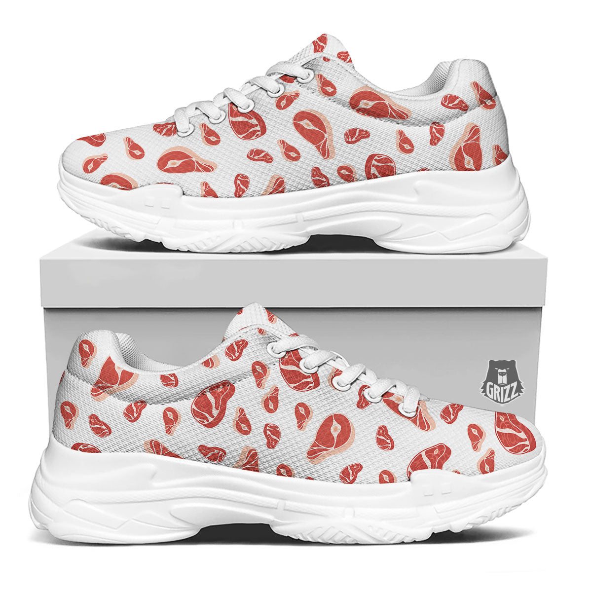 Meat Red Print Pattern White Chunky Shoes-grizzshop