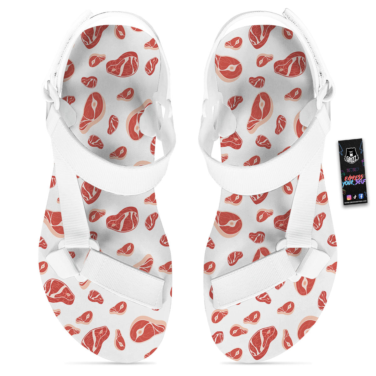 Meat Red Print Pattern White Open Toe Sandals-grizzshop
