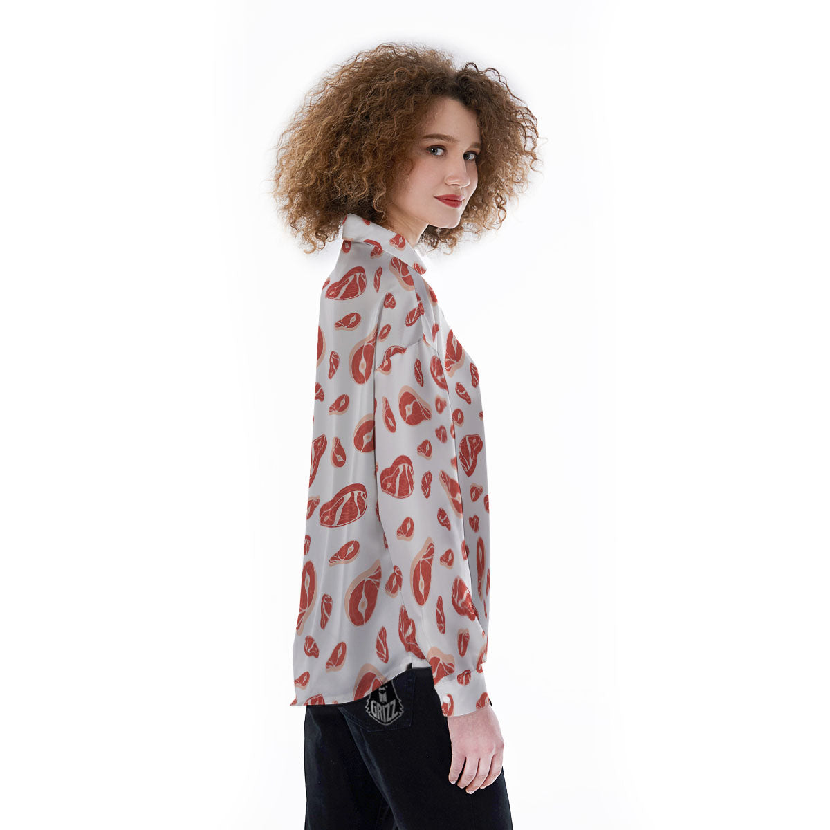 Meat Red Print Pattern Women's Long Sleeve Shirts-grizzshop