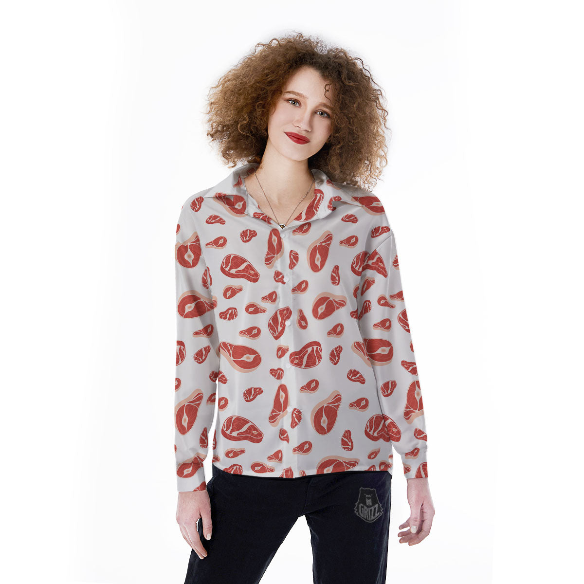 Meat Red Print Pattern Women's Long Sleeve Shirts-grizzshop