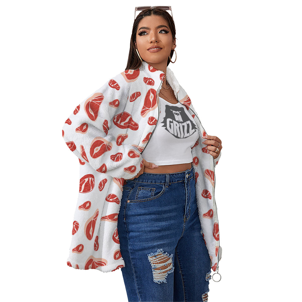 Meat Red Print Pattern Women's Sherpa Jacket-grizzshop