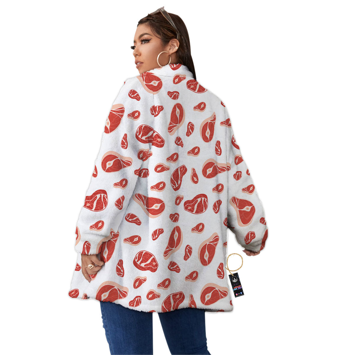 Meat Red Print Pattern Women's Sherpa Jacket-grizzshop