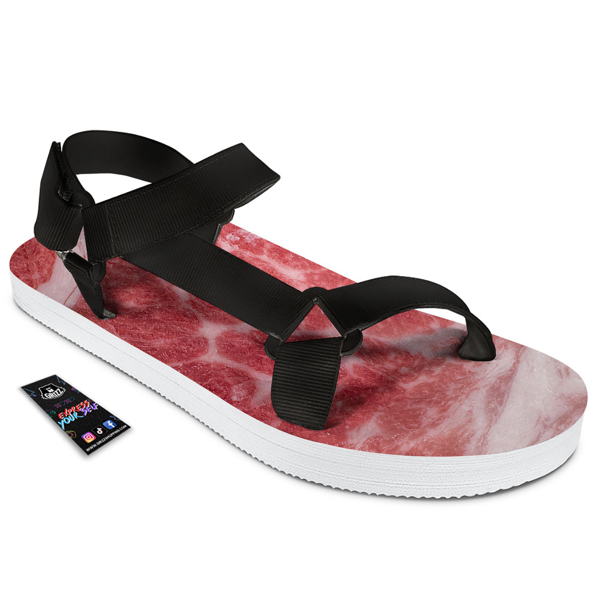 Meat Wagyu Beef Print Black Open Toe Sandals-grizzshop