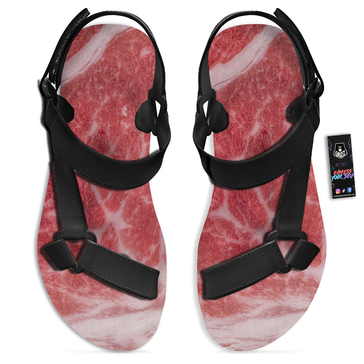 Meat Wagyu Beef Print Black Open Toe Sandals-grizzshop