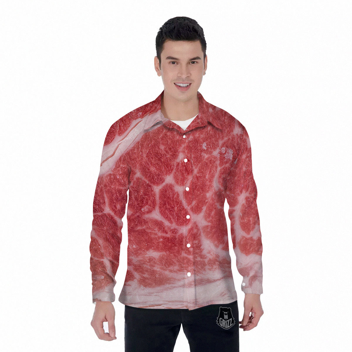 Meat Wagyu Beef Print Men's Long Sleeve Shirts-grizzshop
