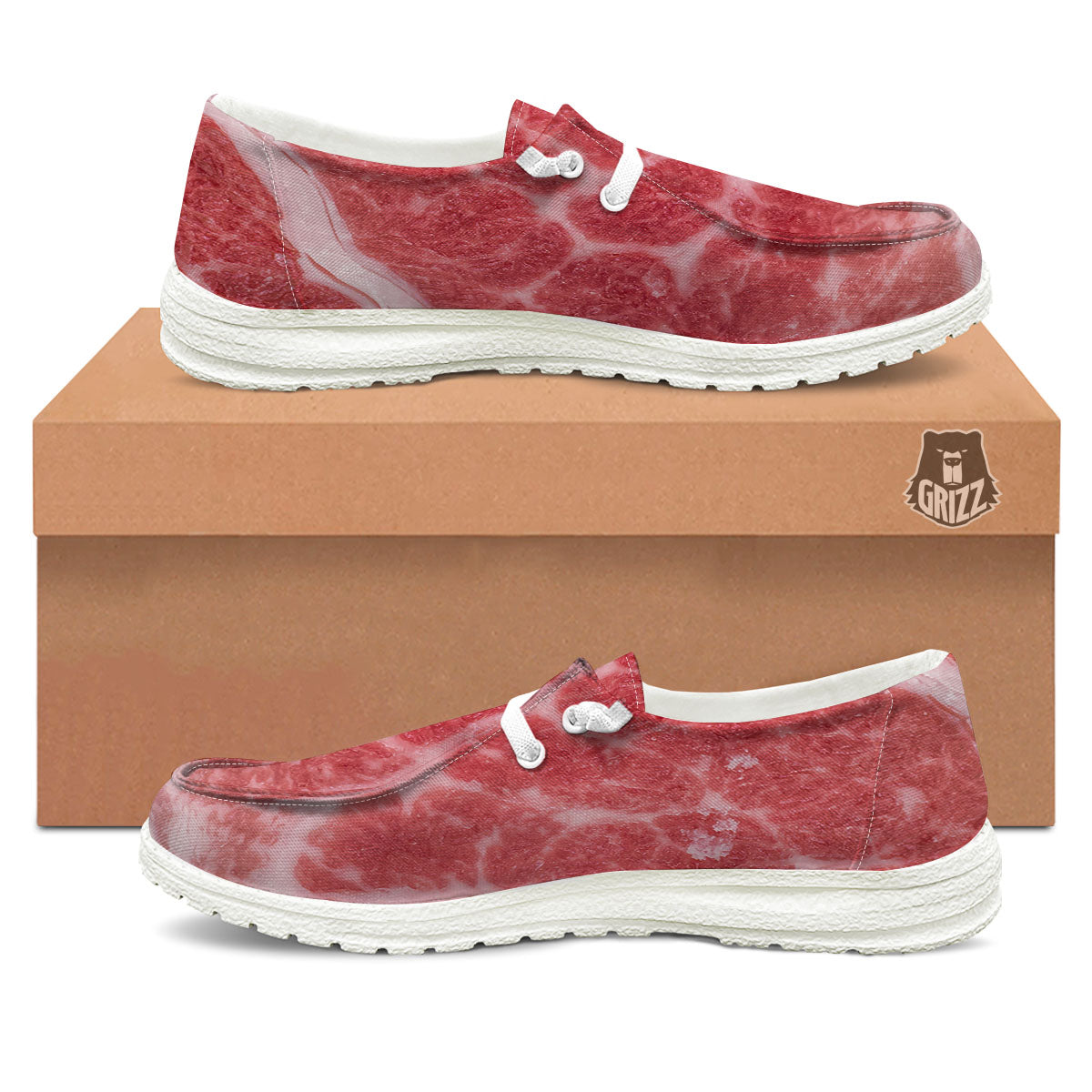 Meat Wagyu Beef Print White Loafers-grizzshop