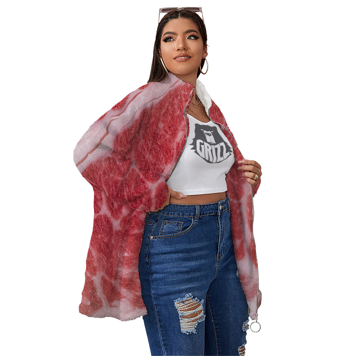 Meat Wagyu Beef Print Women's Sherpa Jacket-grizzshop
